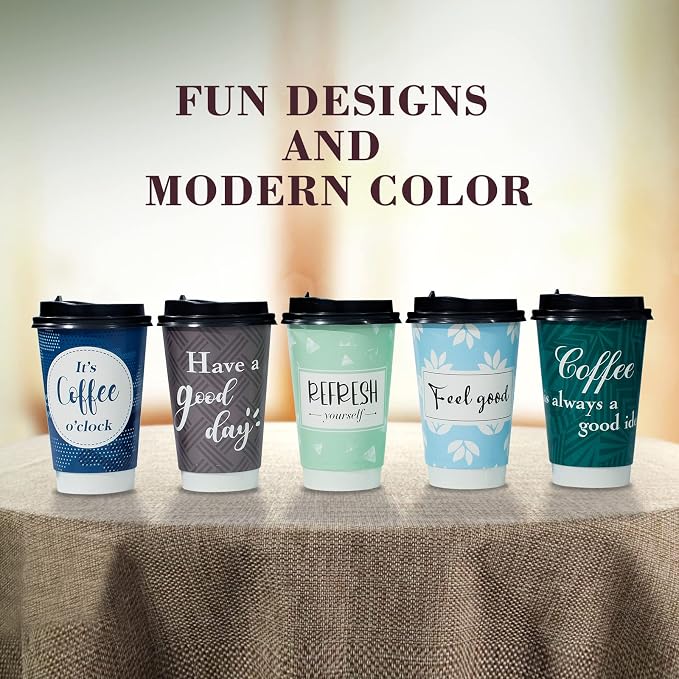 Disposable Coffee Cups with Lids 16 oz, 50 Pack Double-Walled Fun Designs