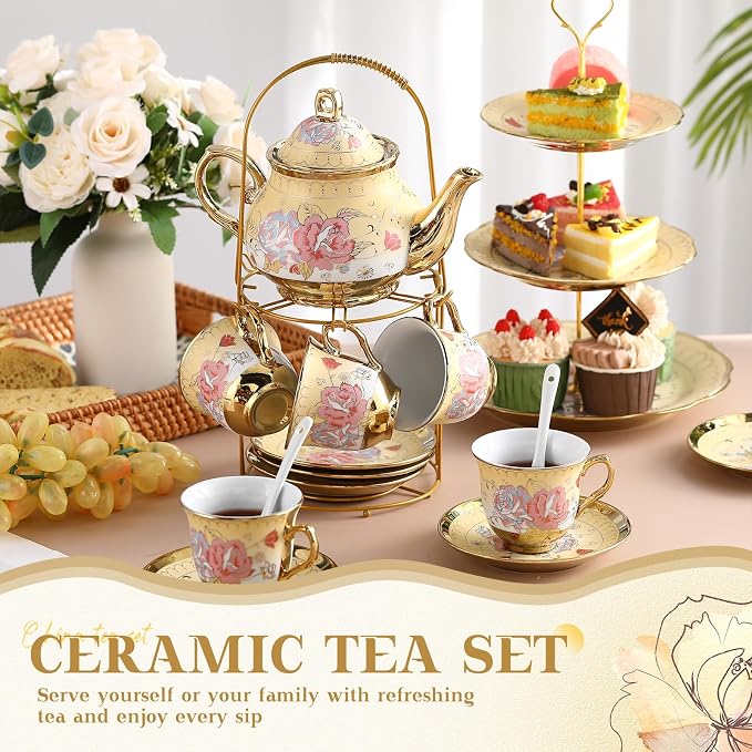 21 Pcs Ceramic Teapot Set Vintage Porcelain Tea Cups