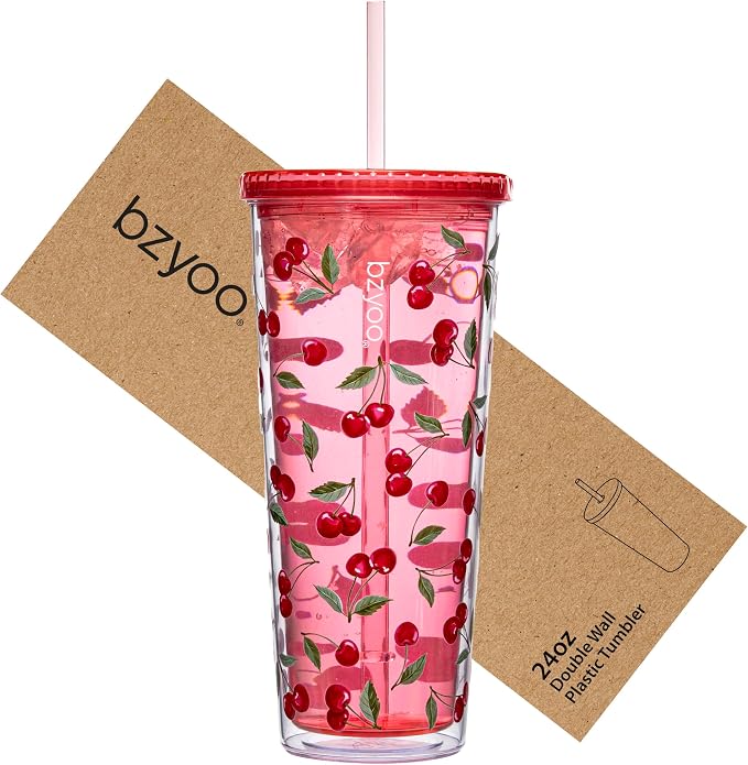 bzyoo 24oz Plastic Tumbler Cup, Lid & Straw, Iced Coffee Cherry Splash | Double