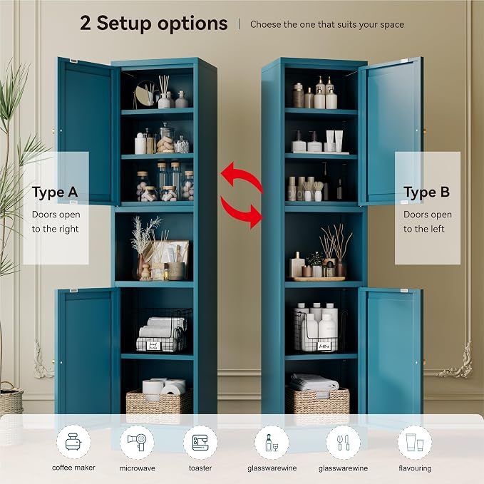2-Door Metal Storage Cabinet, Tall Slim Pantry Organizer