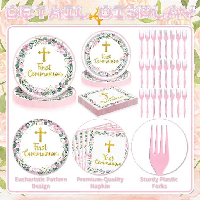 96 Pieces First Communion Floral Tableware Set – Pink Floral Cross Disposable