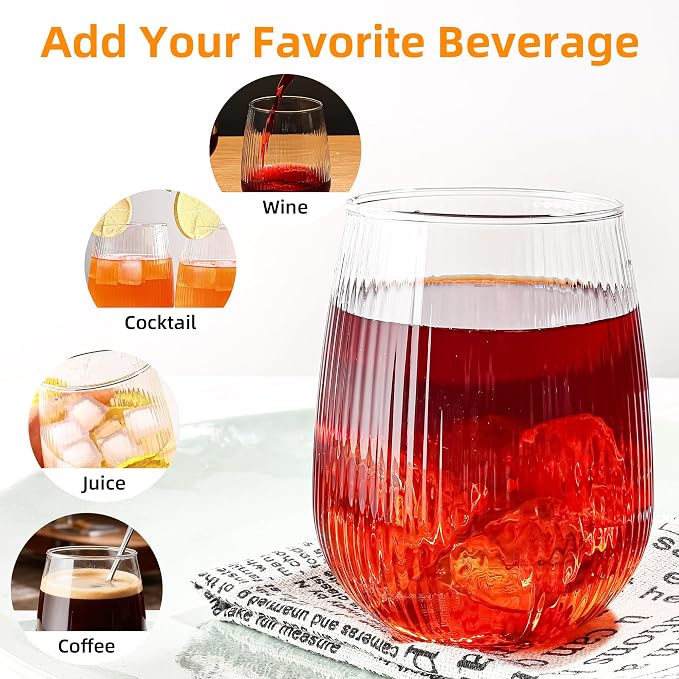 UMEIED 12 Pack Textured Glass Cups, 490ml | Elegant Vertical Ribs, Flat Base