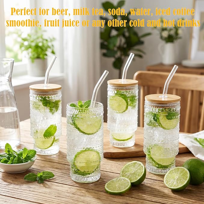 Glass Cups with Lids and Straws 16 oz Vintage Drinking Glasses Set | Embossed
