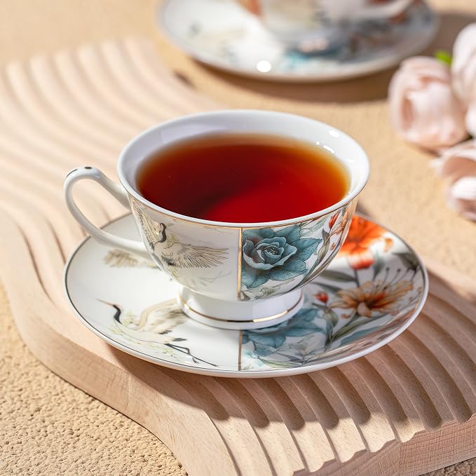 BTaT- Floral Tea Cups and Saucers Set of 4, Porcelain Tea Cup Sets
