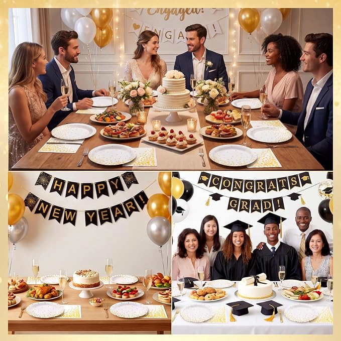 NatNarr 25 Set White Gold Plates and Napkins Set, 6.5" Napkins, Party Plates
