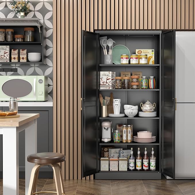 Kitchen Pantry Cabinet, 71”Black Metal Pantry Storage Cabinet