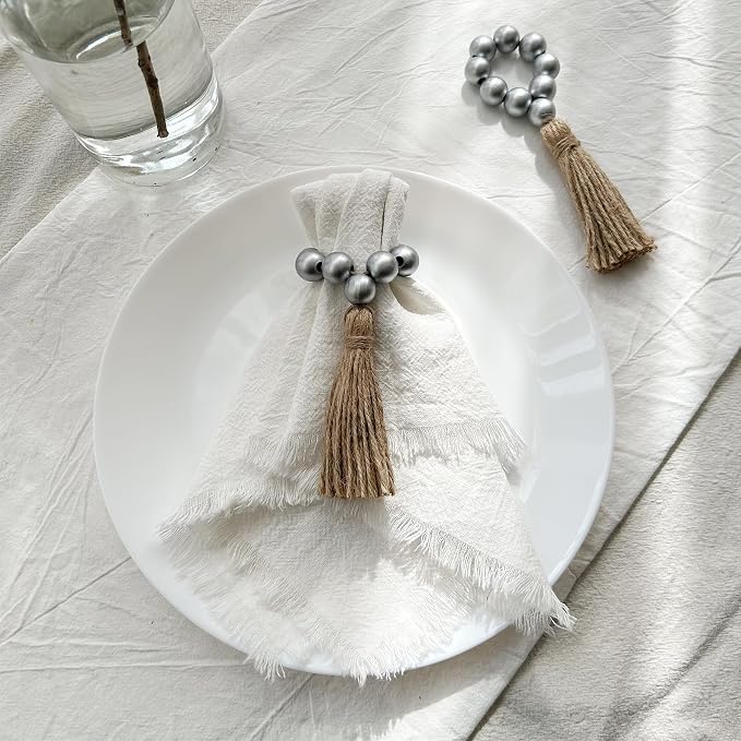 Napkin Rings Set of 12, Wooden Napkin Rings, Wood Bead Elastic Farmhouse Napkin