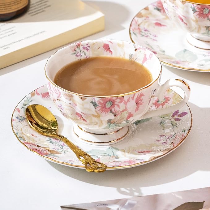 fanquare Pink Floral Tea Cup and Saucer Set