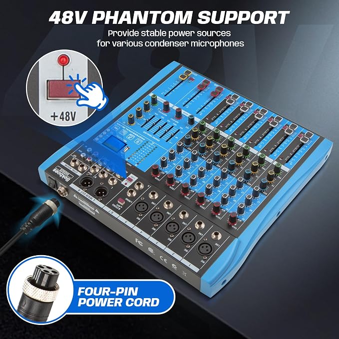 Professional Audio Mixer, 6 Channel, Input 48V Phantom Power Stereo Digital USB