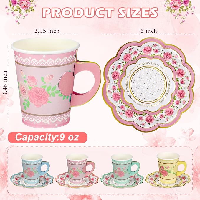 FillTouch 100 Sets Floral Paper Tea Cups and Saucers Disposable Paper Tea Party