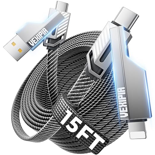 4-in-1 Long USB C Cable 45W 15FT Fast Charging Flat Nylon Braided