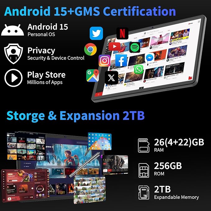 Android 15 Tablet with Keyboard, 26GB+256GB, 10.1 Inch Tablet 8000 mAh Battery
