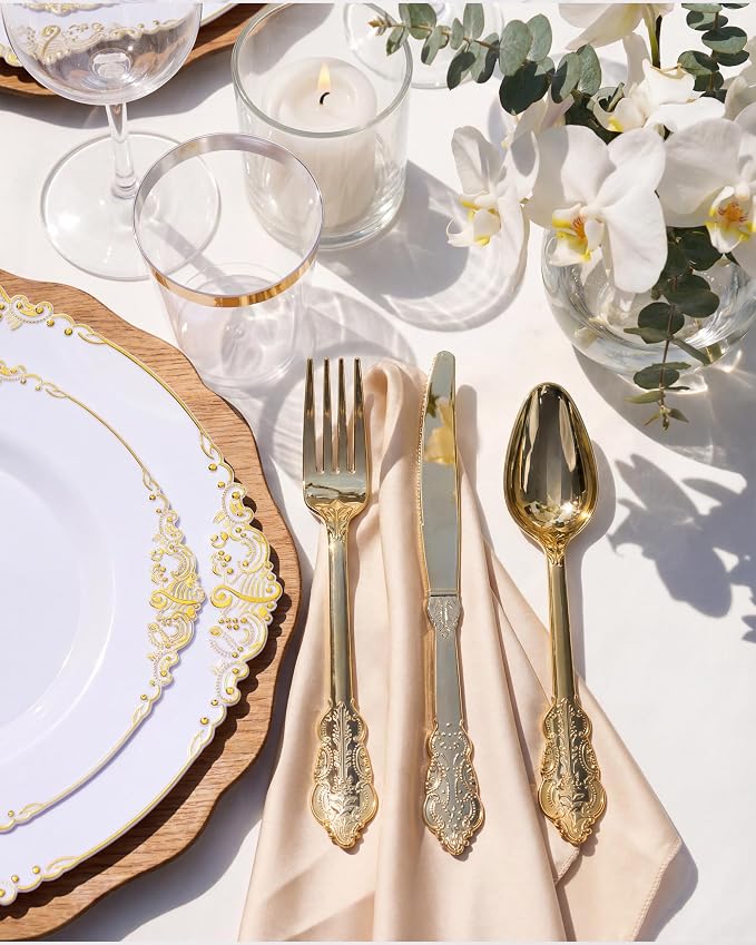 Nervure 100Pcs 10.25'' Gold Plastic Plates, Heavy Duty Disposable Plates