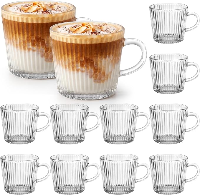 12 Pack Glass Coffee Mugs with Handle 8.5 oz Classic Vertical Stripes Glass