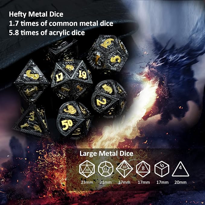 Haxtec Metal DND Dice Set Black Gold Metal D&D Dice