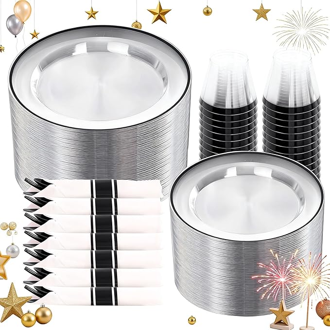 SUT 350 Pcs Black and Clear Plastic Dinnerware Set