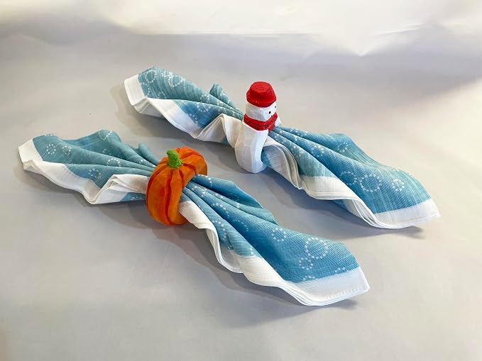 Set of 4 Hand-Carved Wooden Holiday Napkin Rings, Christmas Tree, Pumpkin &