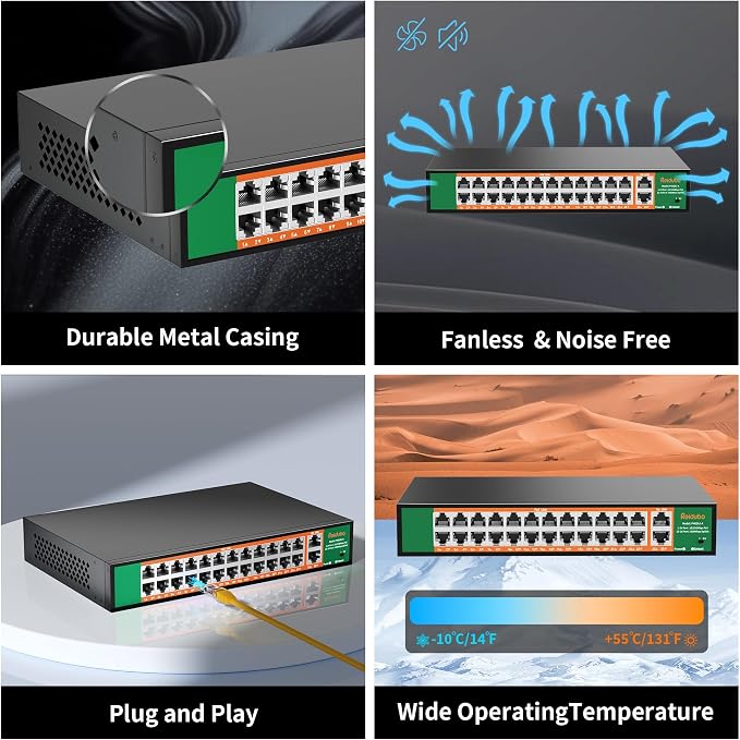 24 Port PoE Switch with 2 Gigabit Ethernet Uplink Port, Support IEEE802.3af/at