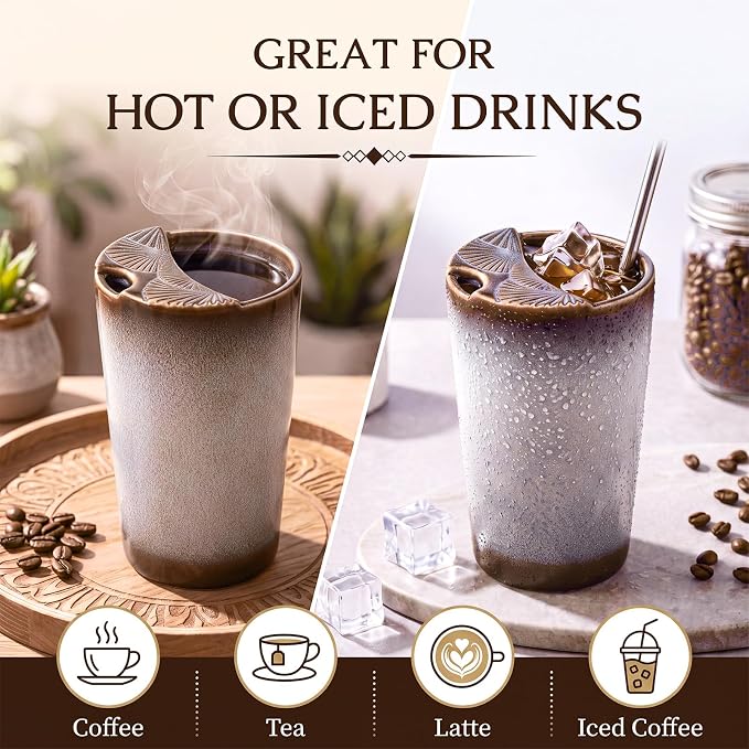 1 Pack Ceramic Coffee Mug with Sip Hole, 14.5 oz Handleless Tumbler Cup with 1