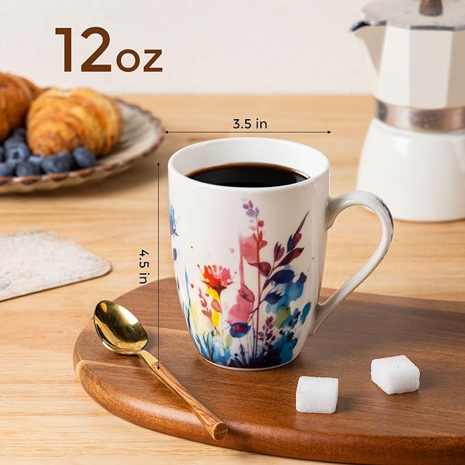 GBhome Floral Coffee Mugs Set of 6, 12 oz Ceramic Coffee Cups Set | Classic