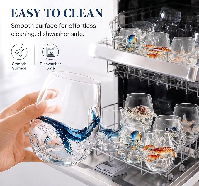 Golden Octopus Artisanal Glassware, 3D Stemless Wine Glasses Cup | Handcrafted