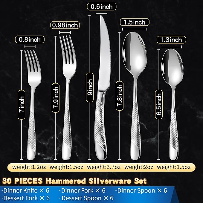 Hammered 30 Pieces Set Silverware Set