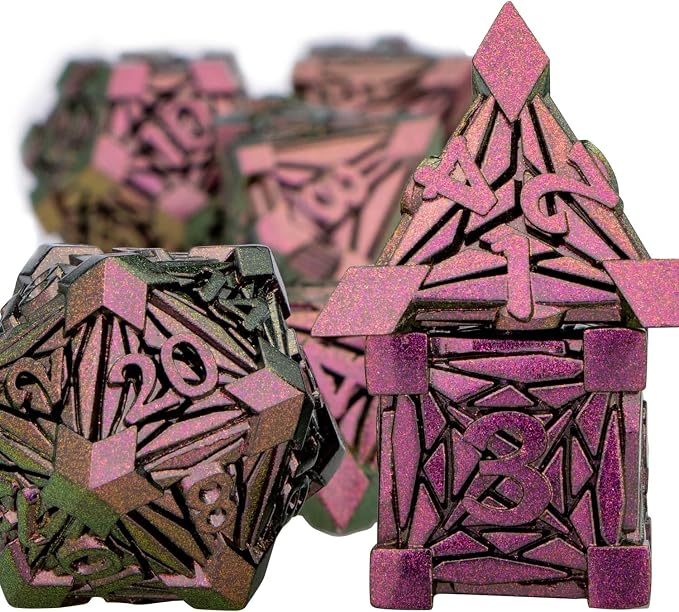 7PCS Metal DND Dice Set with Box, Debris RPG Purple Red D and D Dice