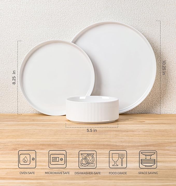 Ceramic Dinnerware Set for 4, 18-Piece Plates and Bowls Set | Lightweight