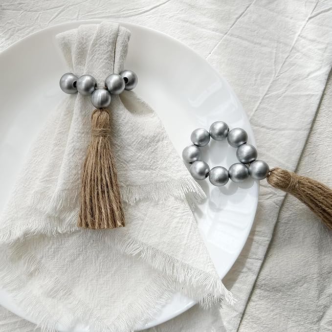 Napkin Rings Set of 12, Wooden Napkin Rings, Wood Bead Elastic Farmhouse Napkin