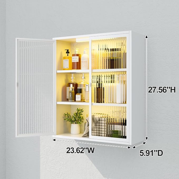 Bathroom Medicine Cabinet with Glass Doors & Sensor LED Lights