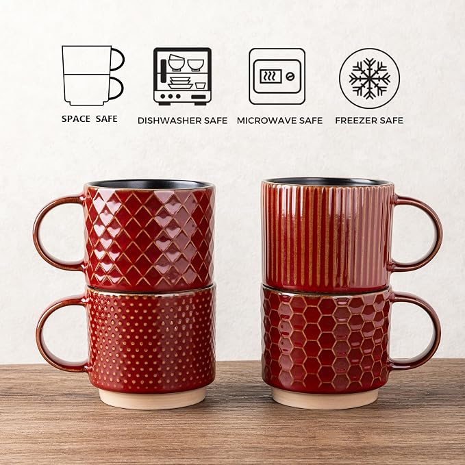 GBhome 15 OZ Stackable Coffee Mugs Set of 4, Ceramic Coffee Cups Set | 4