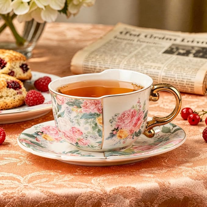 KAMMAK Tea Cups and Saucers Set of 2, Fine Bone China Coffee Cups, YX011 |