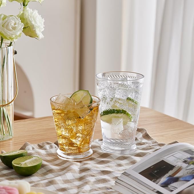 2 Pack Embossed Vintage Mixed Drinking Glasses, 12 Oz & 9 Oz Glasses | Embossed