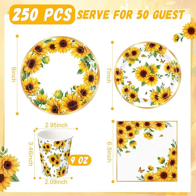 250 Pcs Sunflower Party Decorations Include Sunflower Paper Plates Napkins and