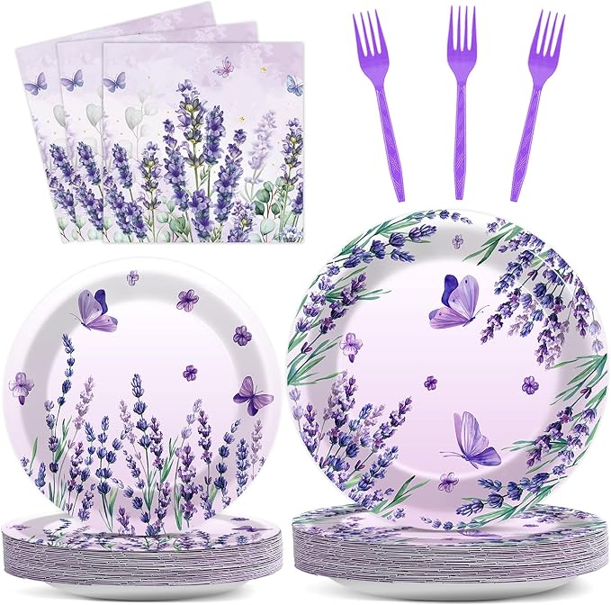 96Pcs Purple Party Supplies Lavender Paper Plates Napkins Summer Decoration |