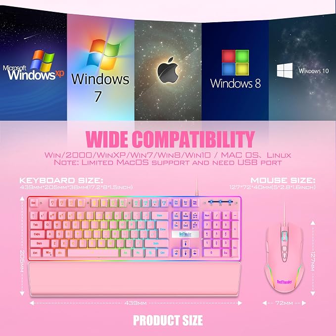 RedThunder K10 Wired Gaming Keyboard and Mouse and Wrist Rest Combo, RGB Backlit