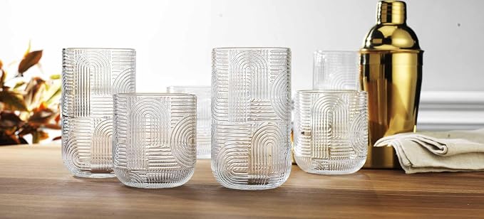 Highball Glasses Set of 8, 14 oz Embossed Drinking Glasses, Vintage Art Deco