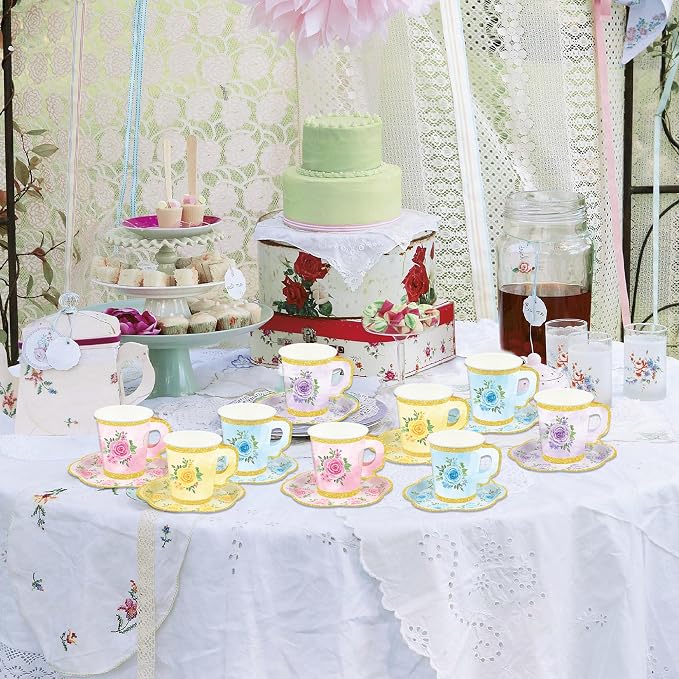 24 Sets Floral Paper Tea Cups and Saucers Disposable Tea Party Supplies