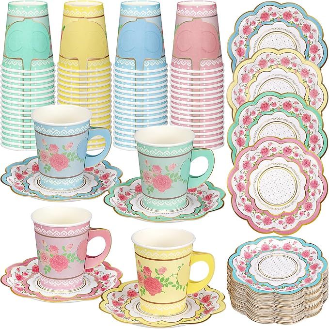 FillTouch 100 Sets Floral Paper Tea Cups and Saucers Disposable Paper Tea Party