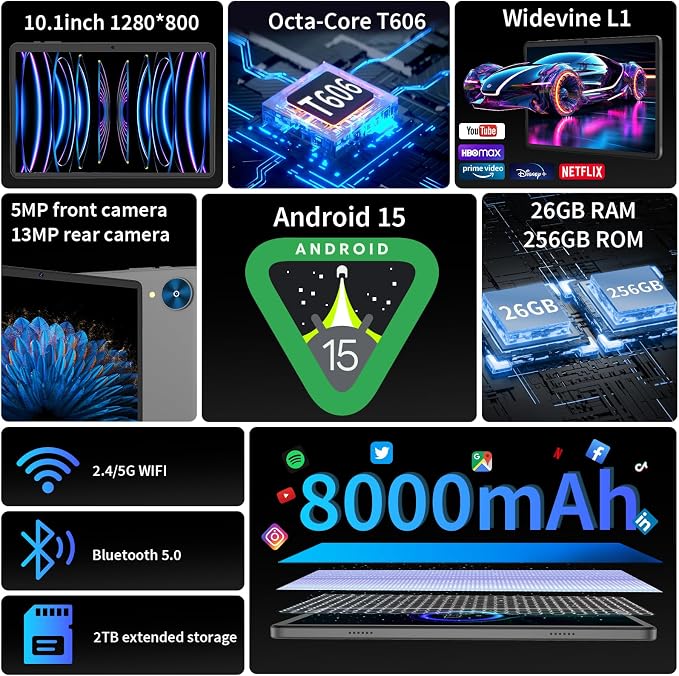Android 15 Tablet with Keyboard, 26GB+256GB, 10.1 Inch Tablet 8000 mAh Battery