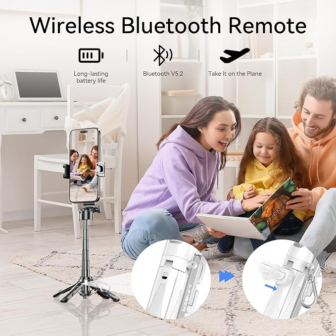 Mini Selfie Stick with 2 Fill Lights, Portable Phone Tripod with Remote and