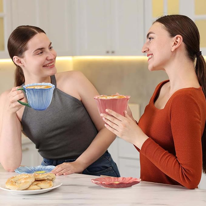 10 oz Tea Cups and Saucers, Ceramic Flower-shaped Cappuccino Cup, Latte Cup and
