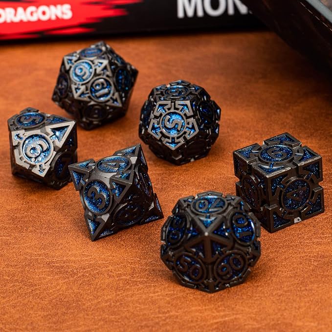Blue Black Nickel Finish Heavy Metal DND Dice Set
