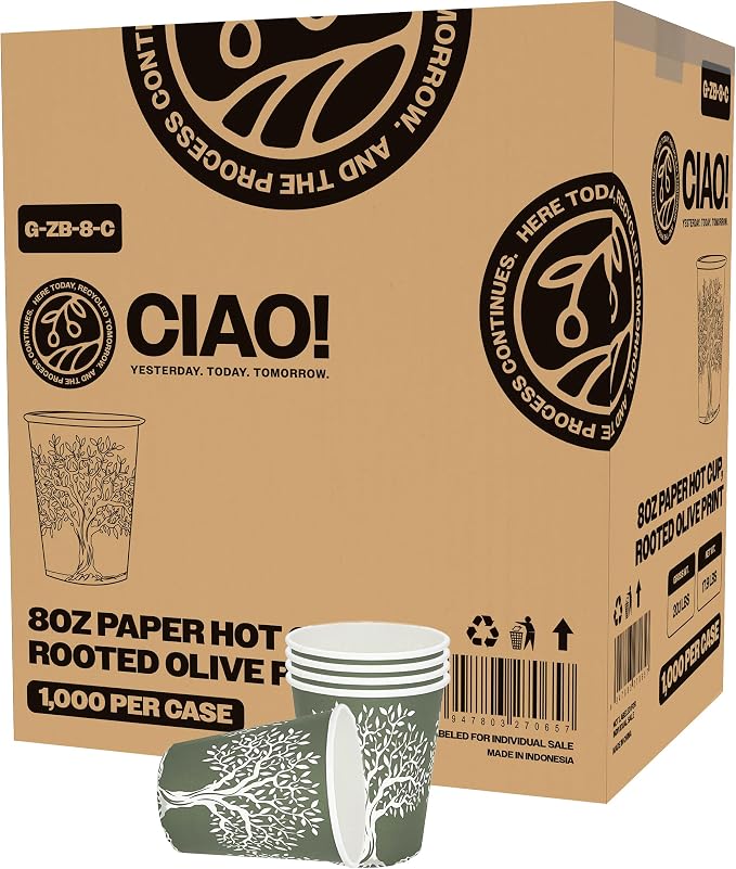 CIAO! 8oz Paper Hot Cup, Rooted Olive Print