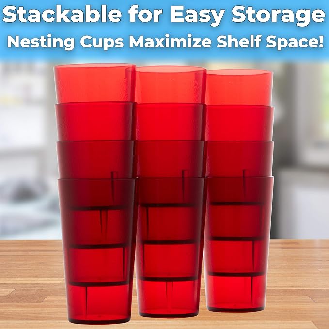Restaurant Grade, BPA-Free 12oz Red Plastic Cups 6pk. Super Durable, Break