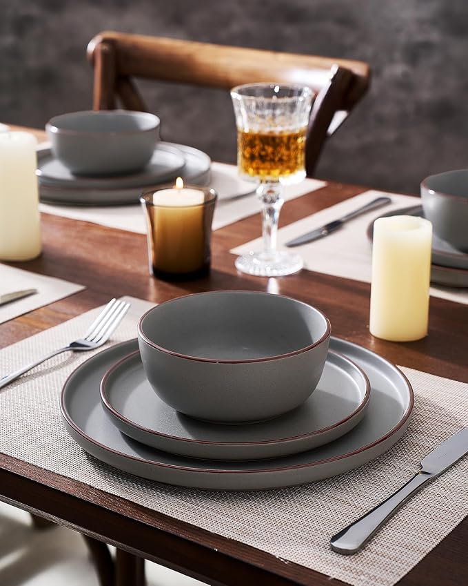 Famiware Mercury 24-Piece Stoneware Dinnerware Set, Dark Grey | Plates and Bowls