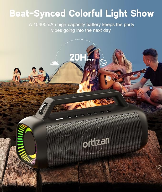 Ortizan Portable Bluetooth Speaker Loud, 80W Peak, Bass Up, 20H Playtime