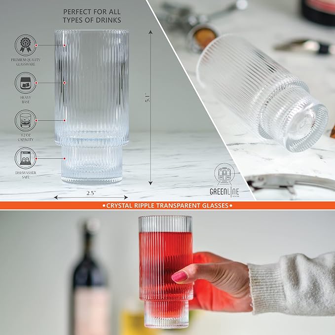 Greenline Goods Ripple Drinking Glasses - 12 oz Modern Kitchen Glassware Set