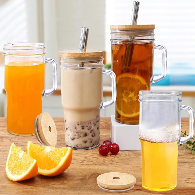 24oz Glass Cups with Lids and Straws