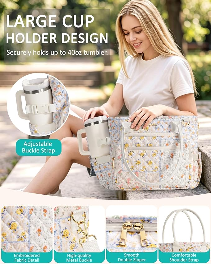 Lunch Box for Women Insulated Lunch Bag Quilted Soft Cooler Tote | 7 Pocket